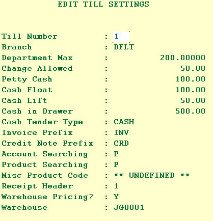 Till Settings Screen